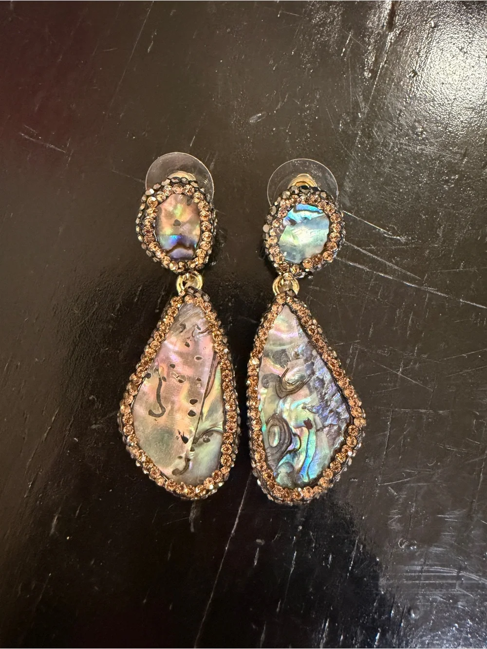 Nakamol Iridescent Abalone Drop Earrings with Gold Rhinestone Trim
